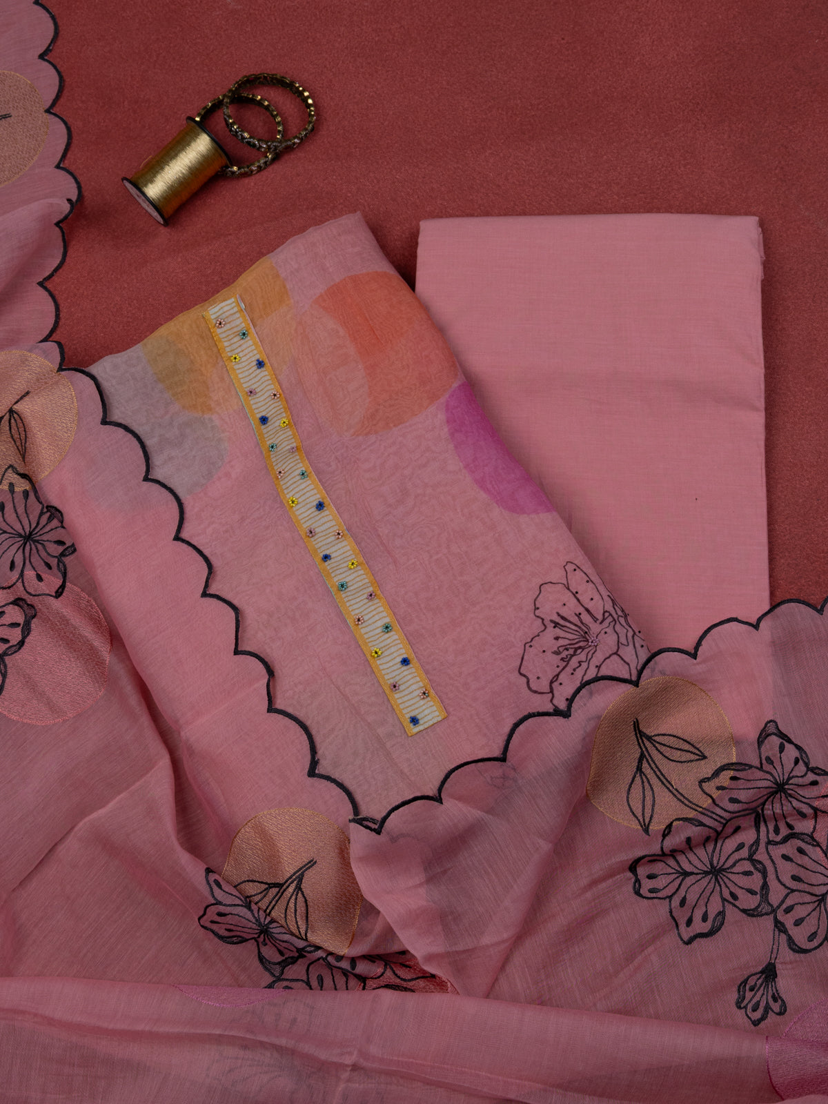 Pastel Pink Chanderi Unstitched Suit with Floral Prints & Beaded Work