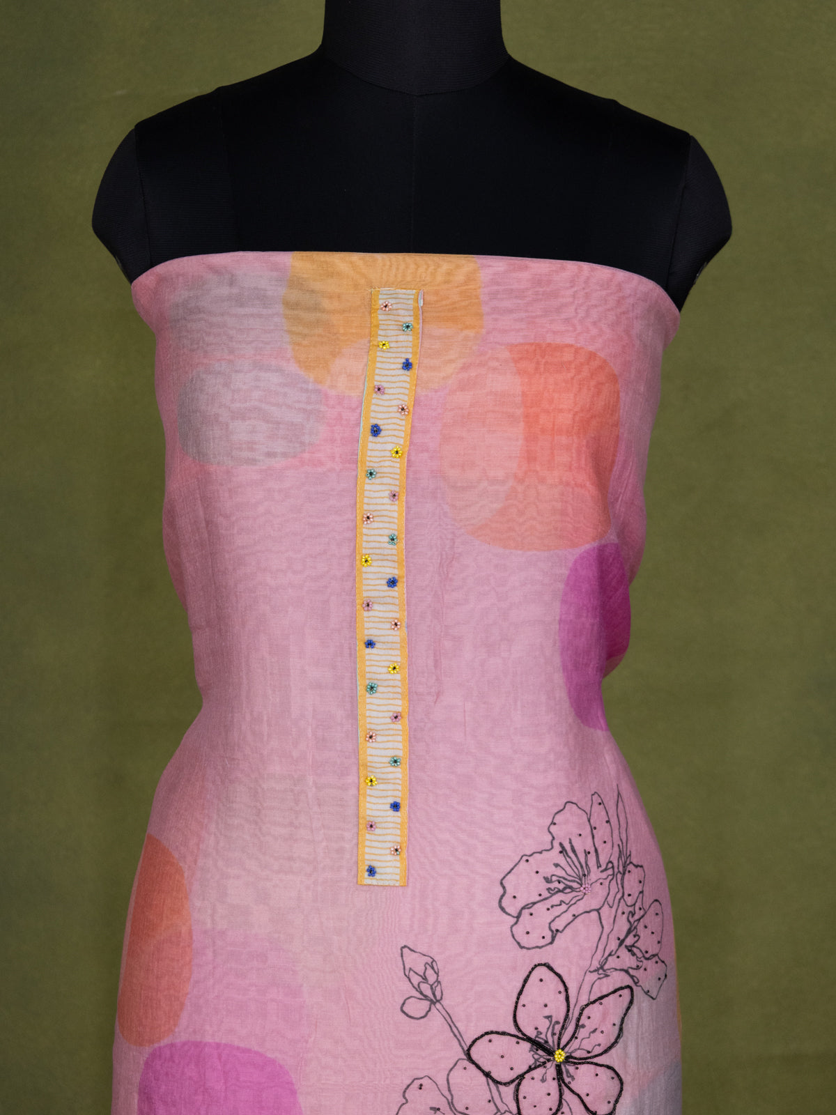 Pastel Pink Chanderi Unstitched Suit with Floral Prints & Beaded Work