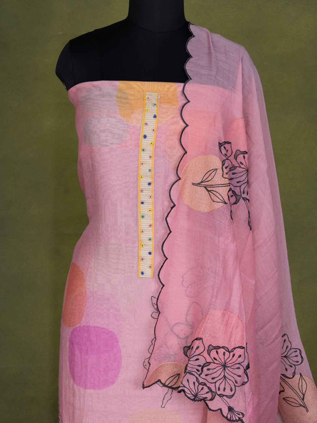 Pastel Pink Chanderi Unstitched Suit with Floral Prints & Beaded Work