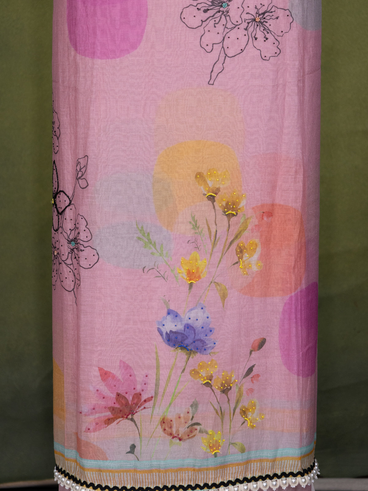 Pastel Pink Chanderi Unstitched Suit with Floral Prints & Beaded Work