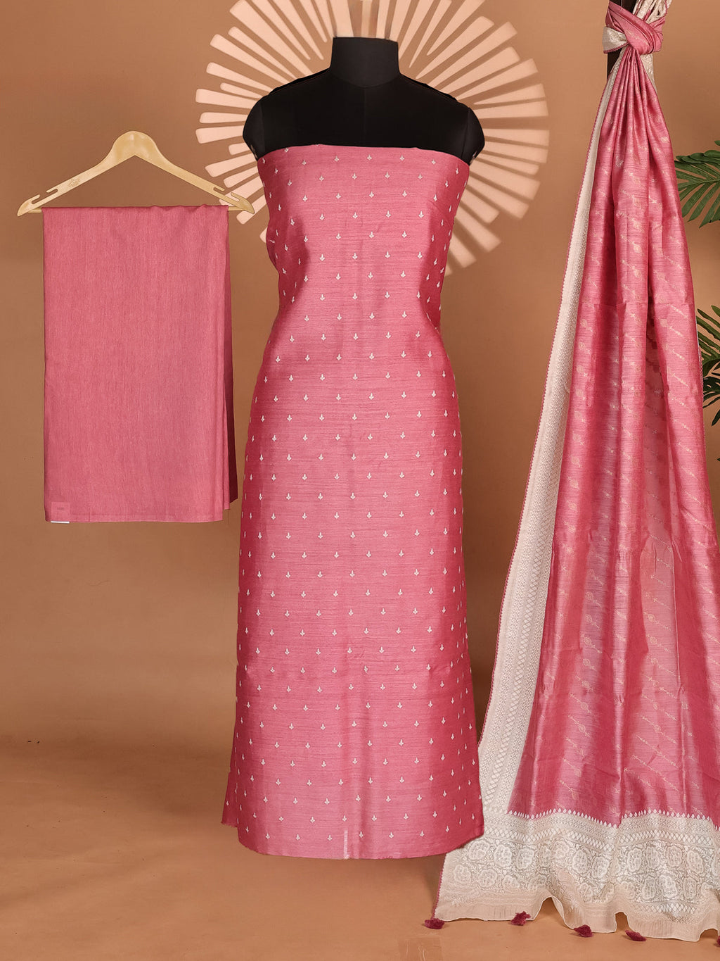 Peach Pink Tussar Unstitched Suit