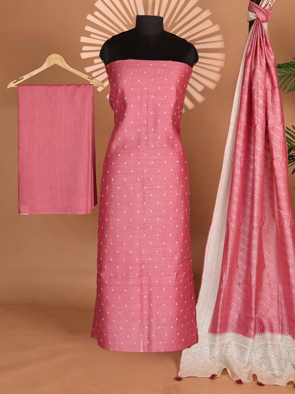 Peach Pink Tussar Unstitched Suit