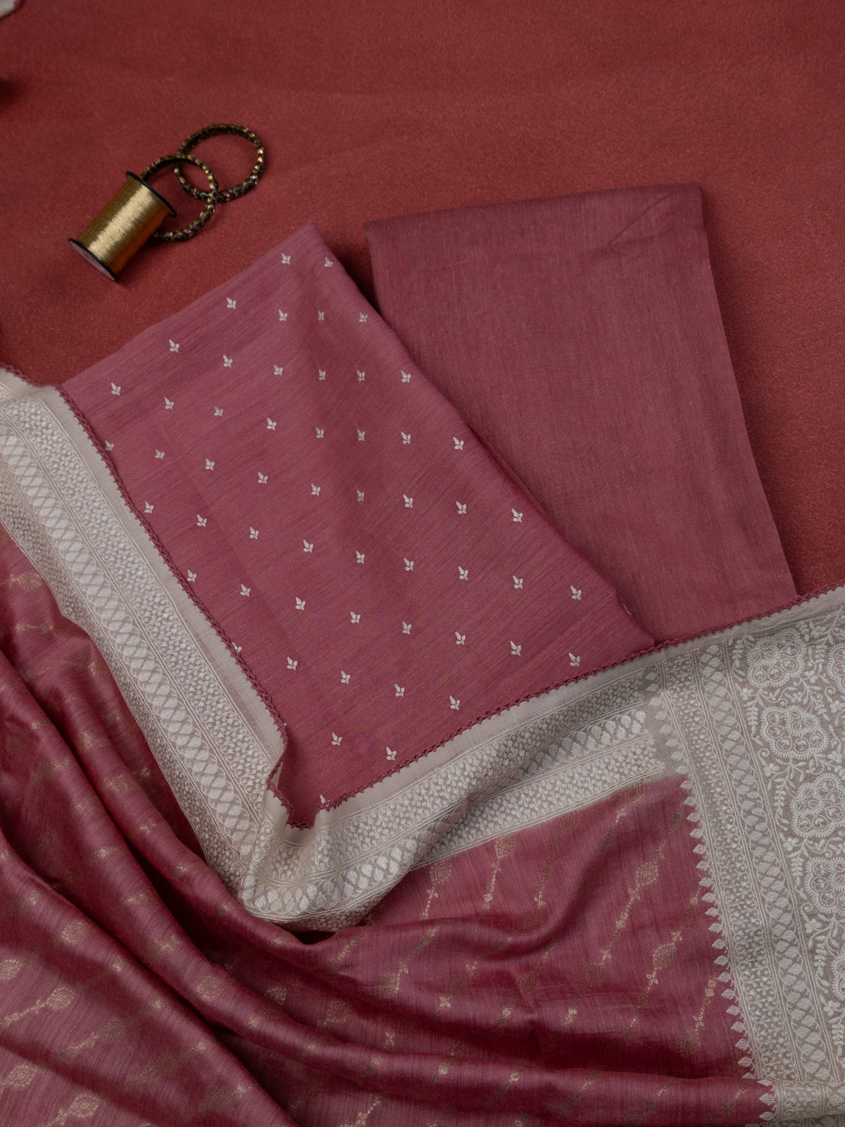 Peach Pink Tussar Unstitched Suit