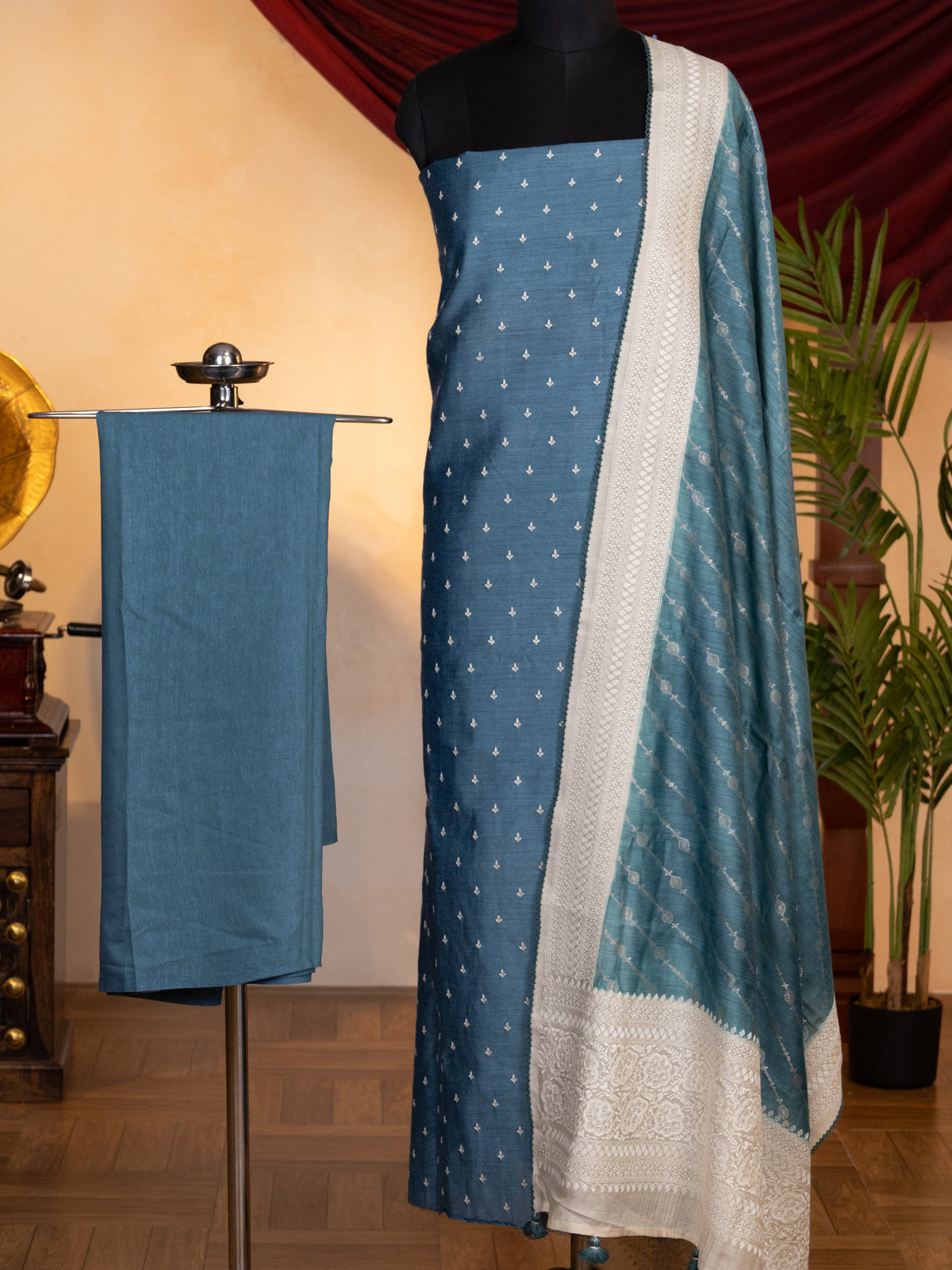 Blue & Beige Tussar Unstitched Suit