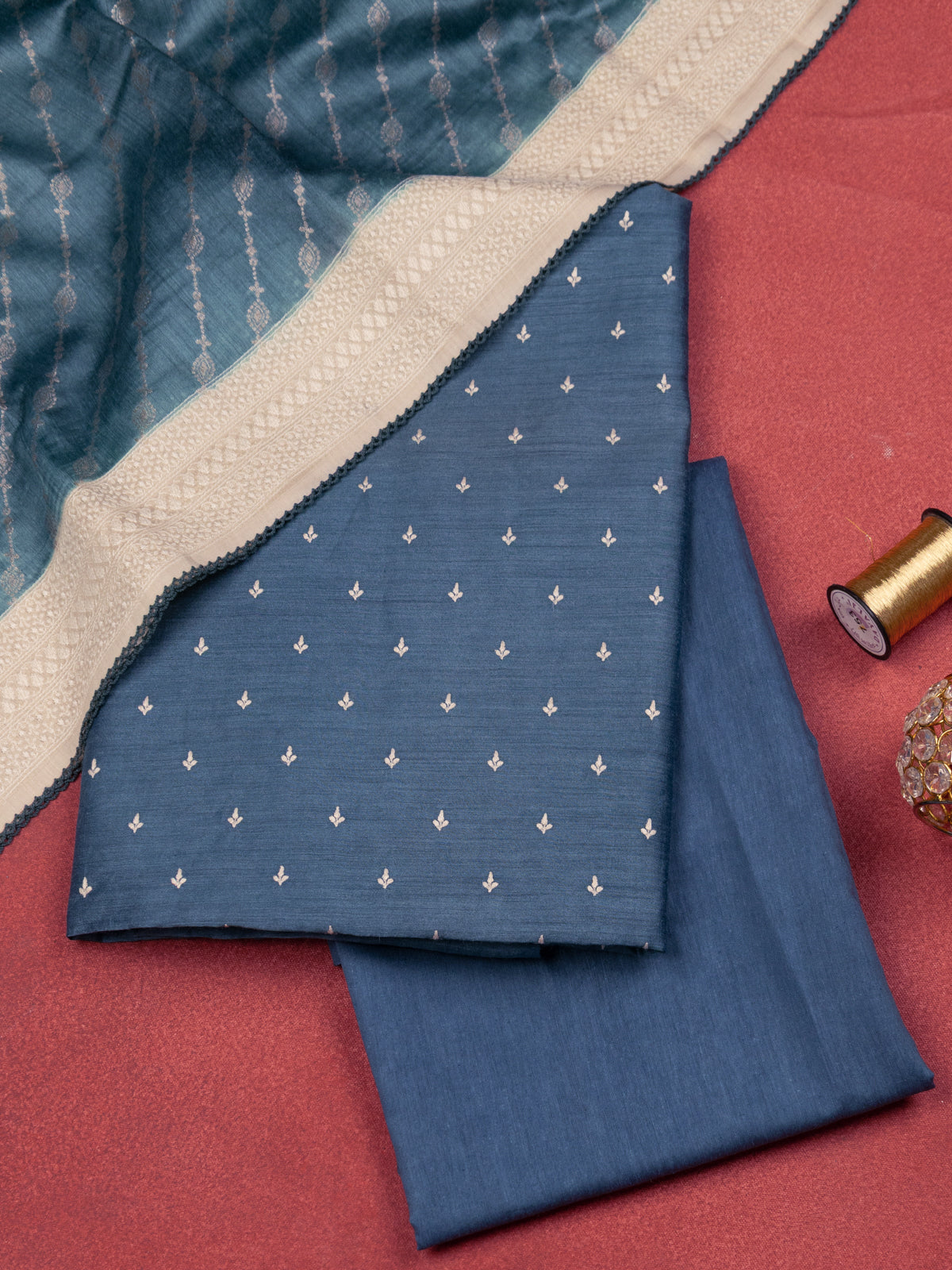 Blue & Beige Tussar Unstitched Suit