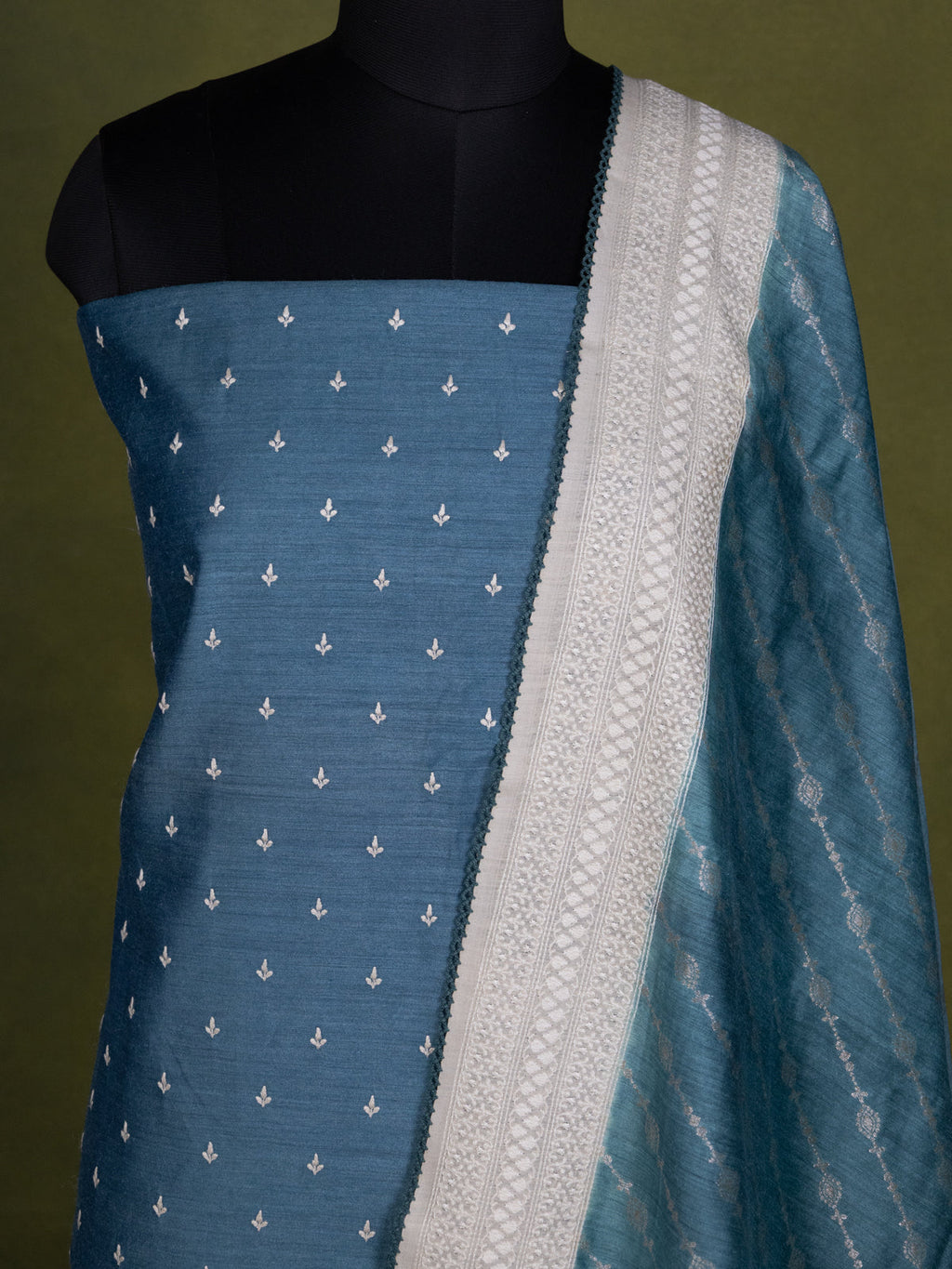 Blue & Beige Tussar Unstitched Suit
