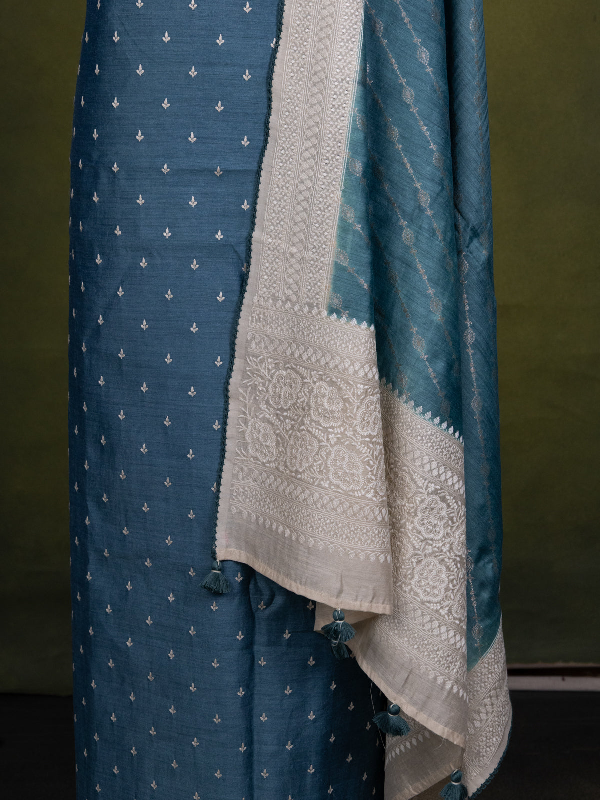 Blue & Beige Tussar Unstitched Suit
