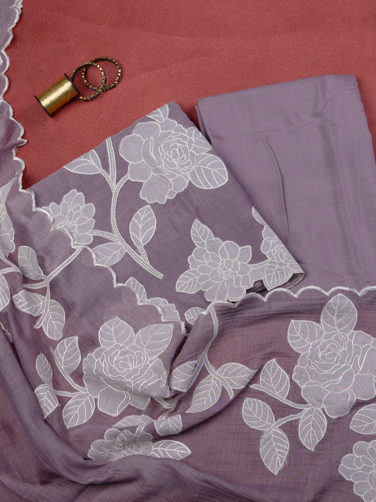 Pastel purple Chanderi Unstitched Suit