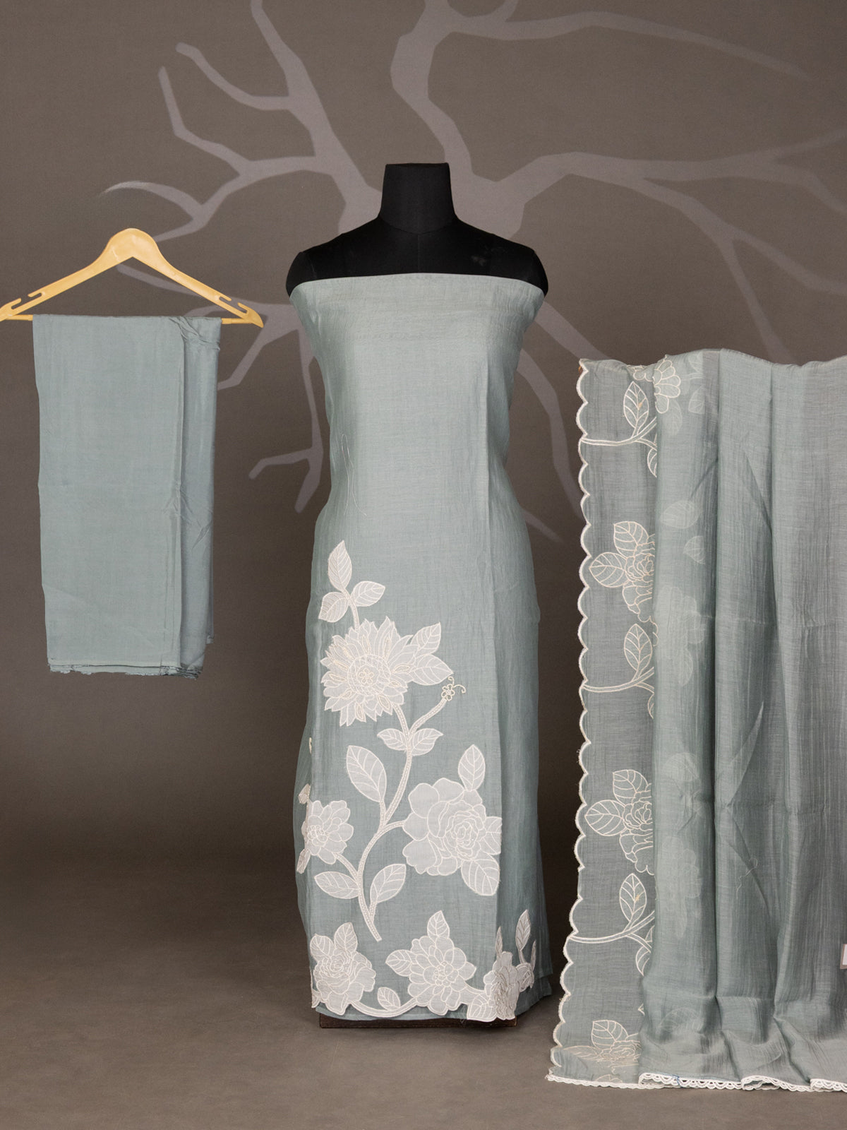 Pastel Grey Chanderi Unstitched Suit