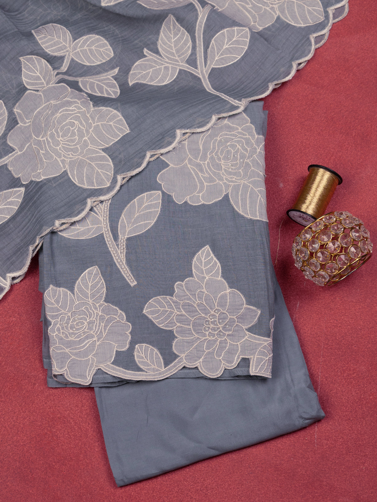 Pastel Grey Chanderi Unstitched Suit