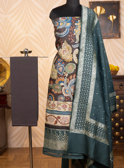 Dark Grey Pure Tussar Unstitched Suit with Kalamkari Print