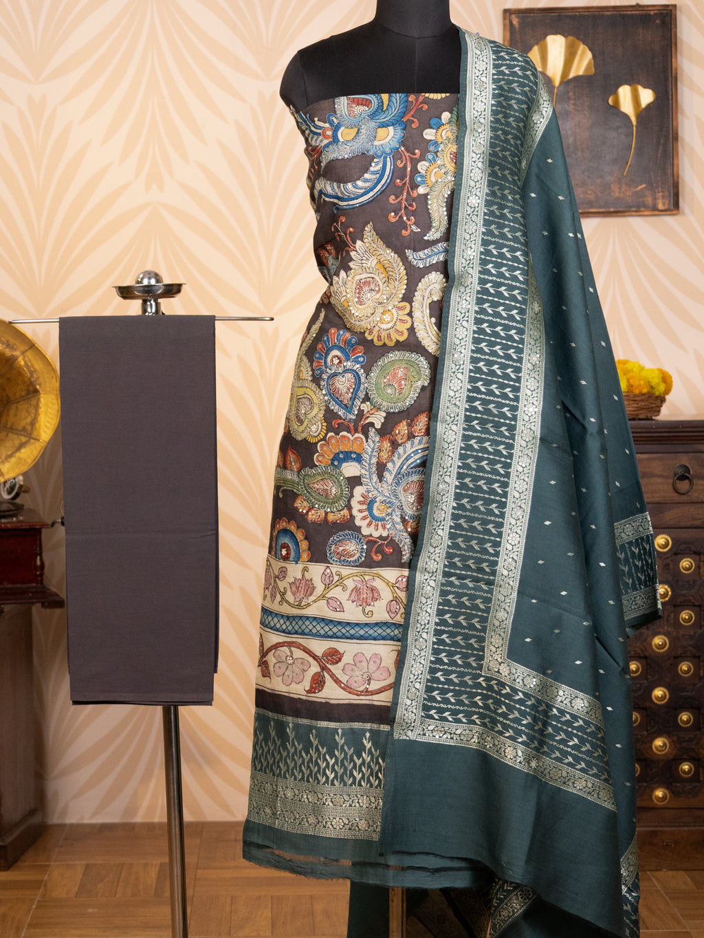 Dark Grey Pure Tussar Unstitched Suit with Kalamkari Print