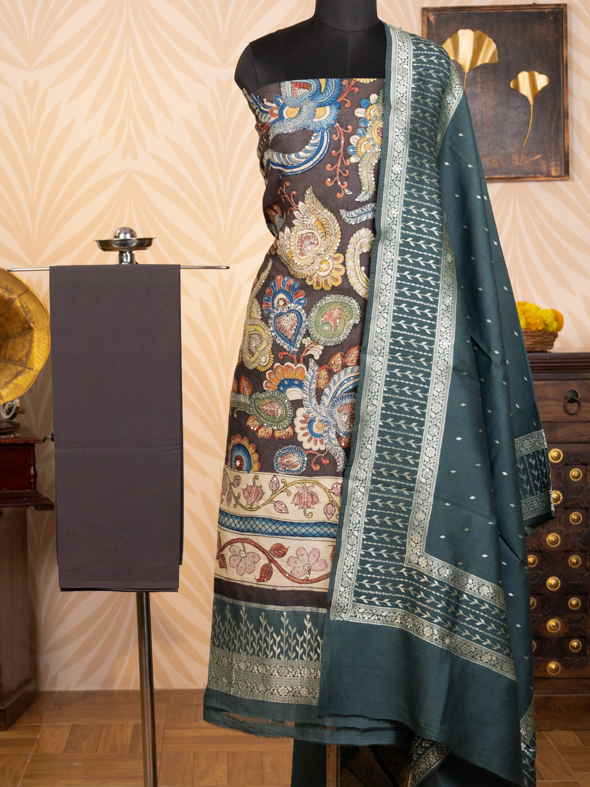 Dark Grey Pure Tussar Unstitched Suit with Kalamkari Print