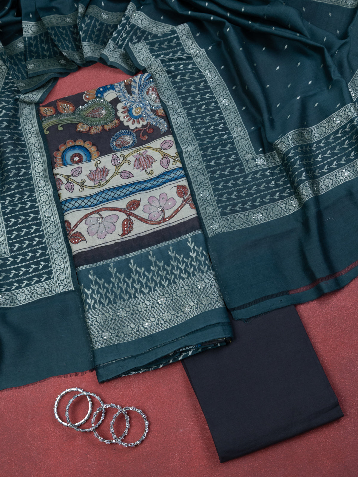 Dark Grey Pure Tussar Unstitched Suit with Kalamkari Print
