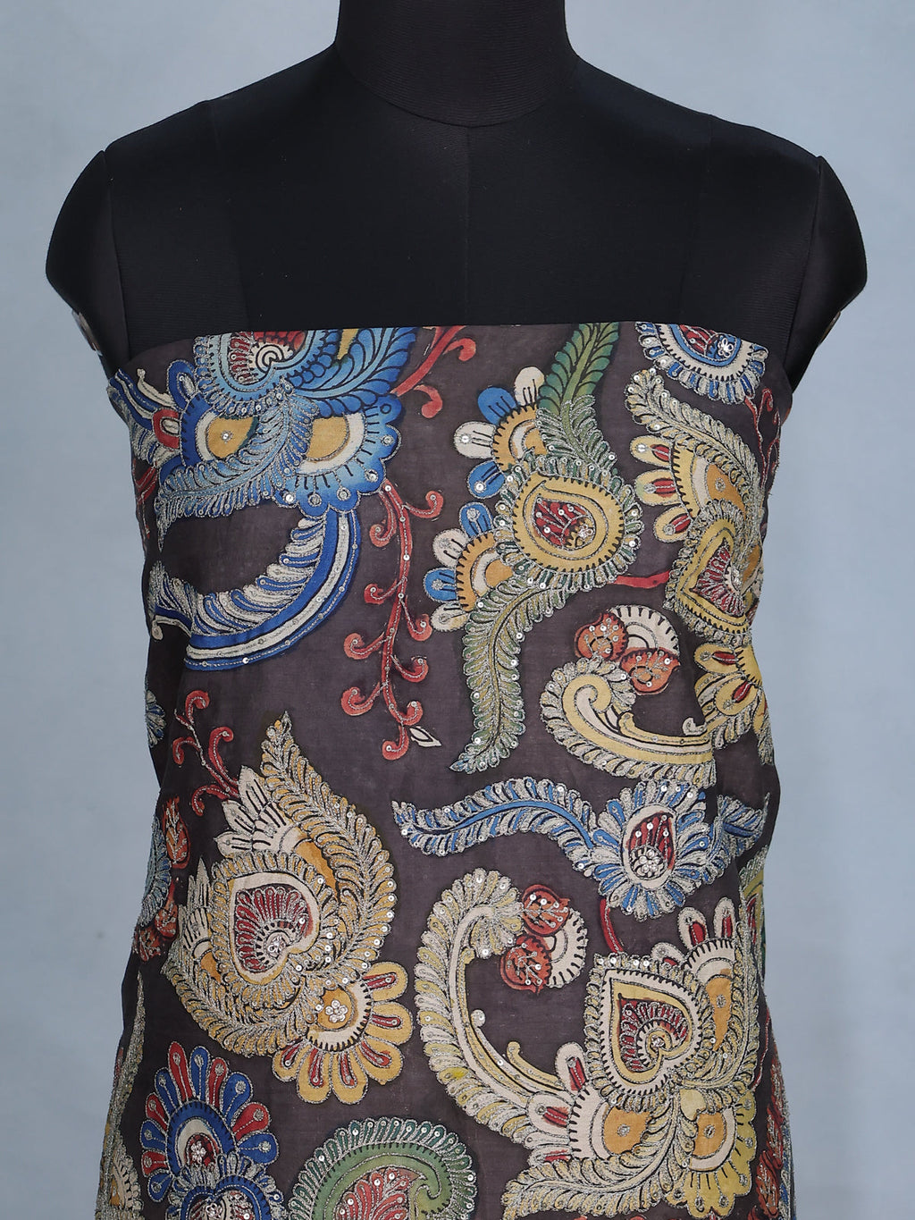 Dark Grey Pure Tussar Unstitched Suit with Kalamkari Print