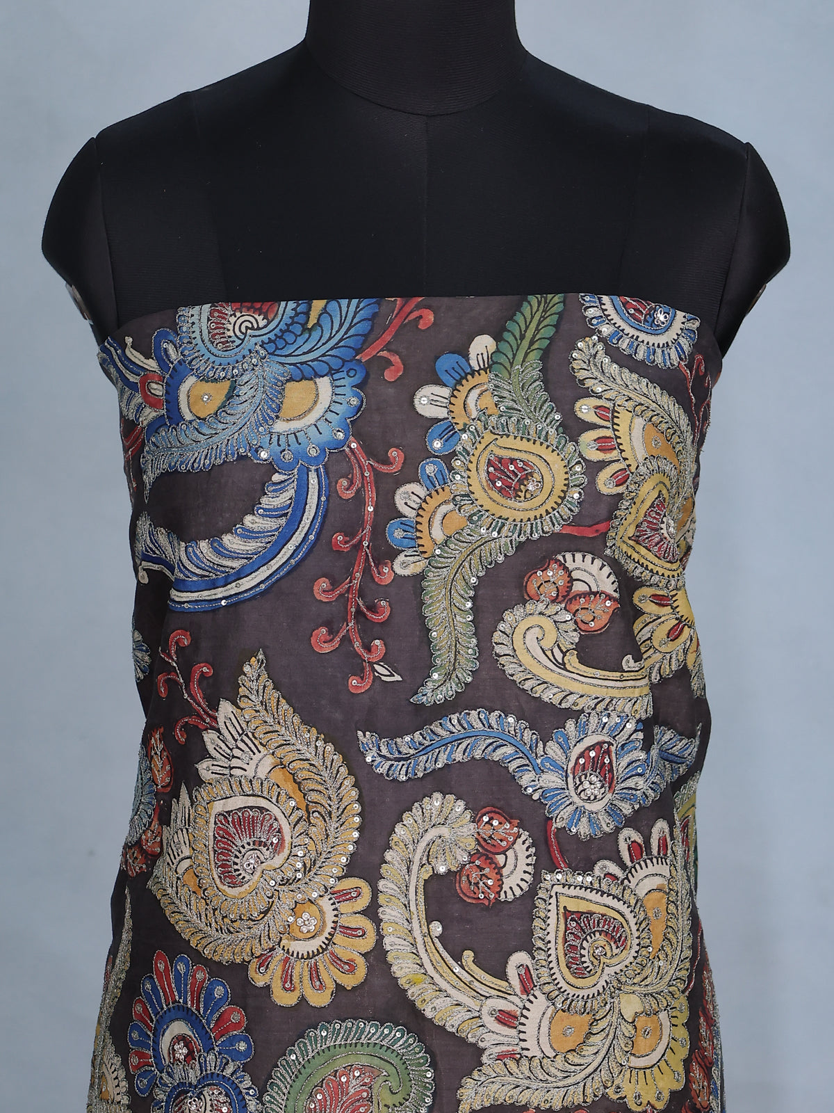 Dark Grey Pure Tussar Unstitched Suit with Kalamkari Print