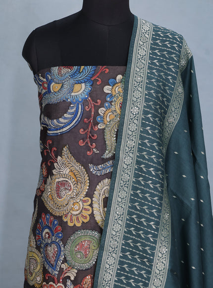Dark Grey Pure Tussar Unstitched Suit with Kalamkari Print