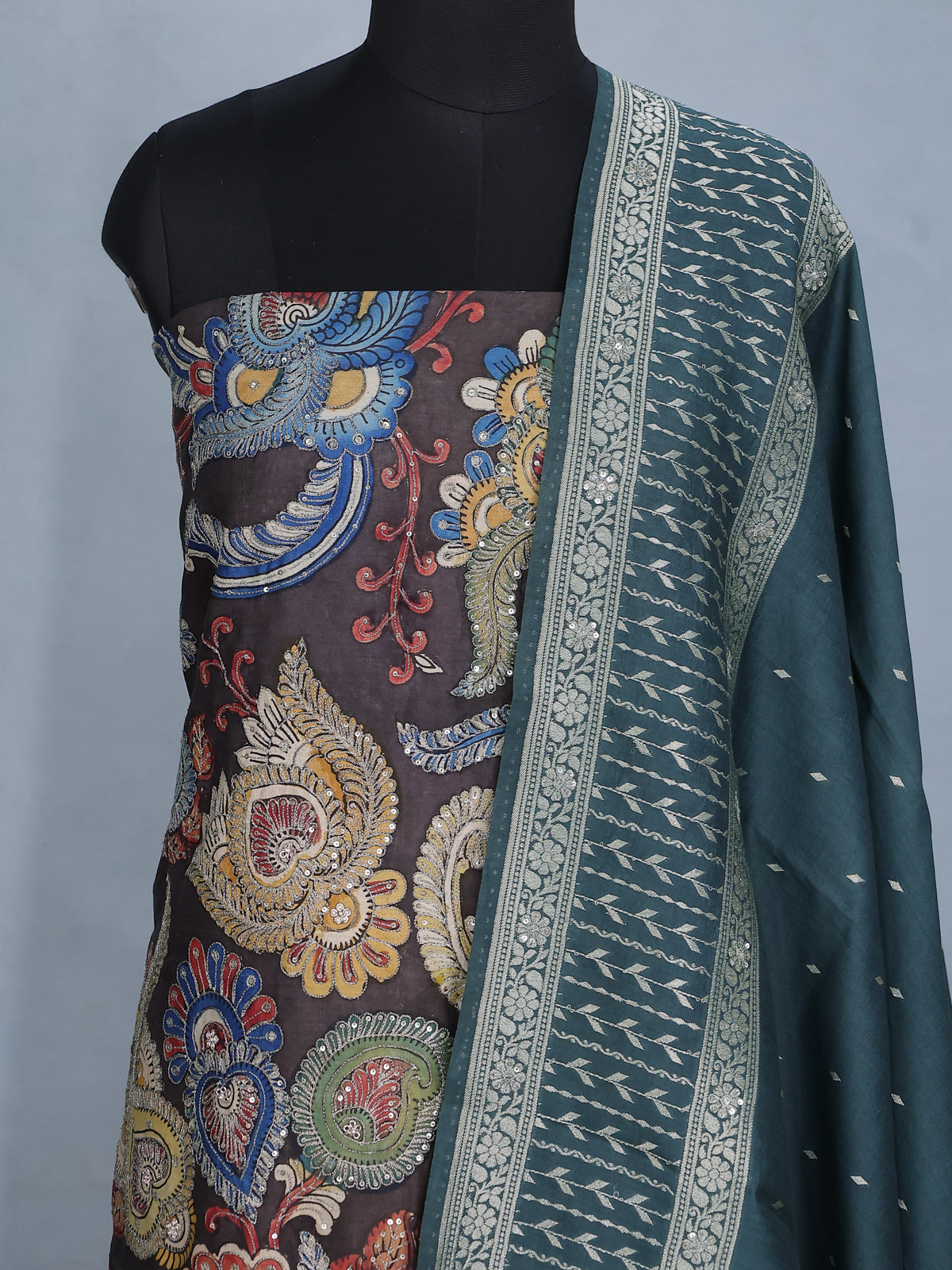 Dark Grey Pure Tussar Unstitched Suit with Kalamkari Print