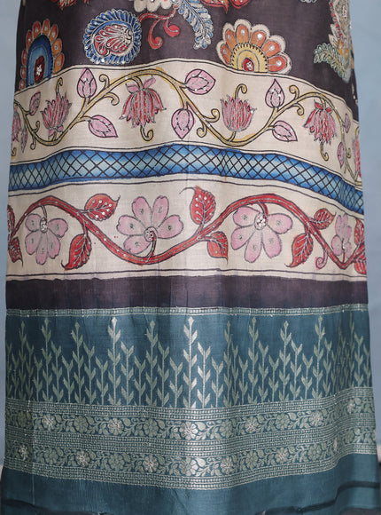Dark Grey Pure Tussar Unstitched Suit with Kalamkari Print