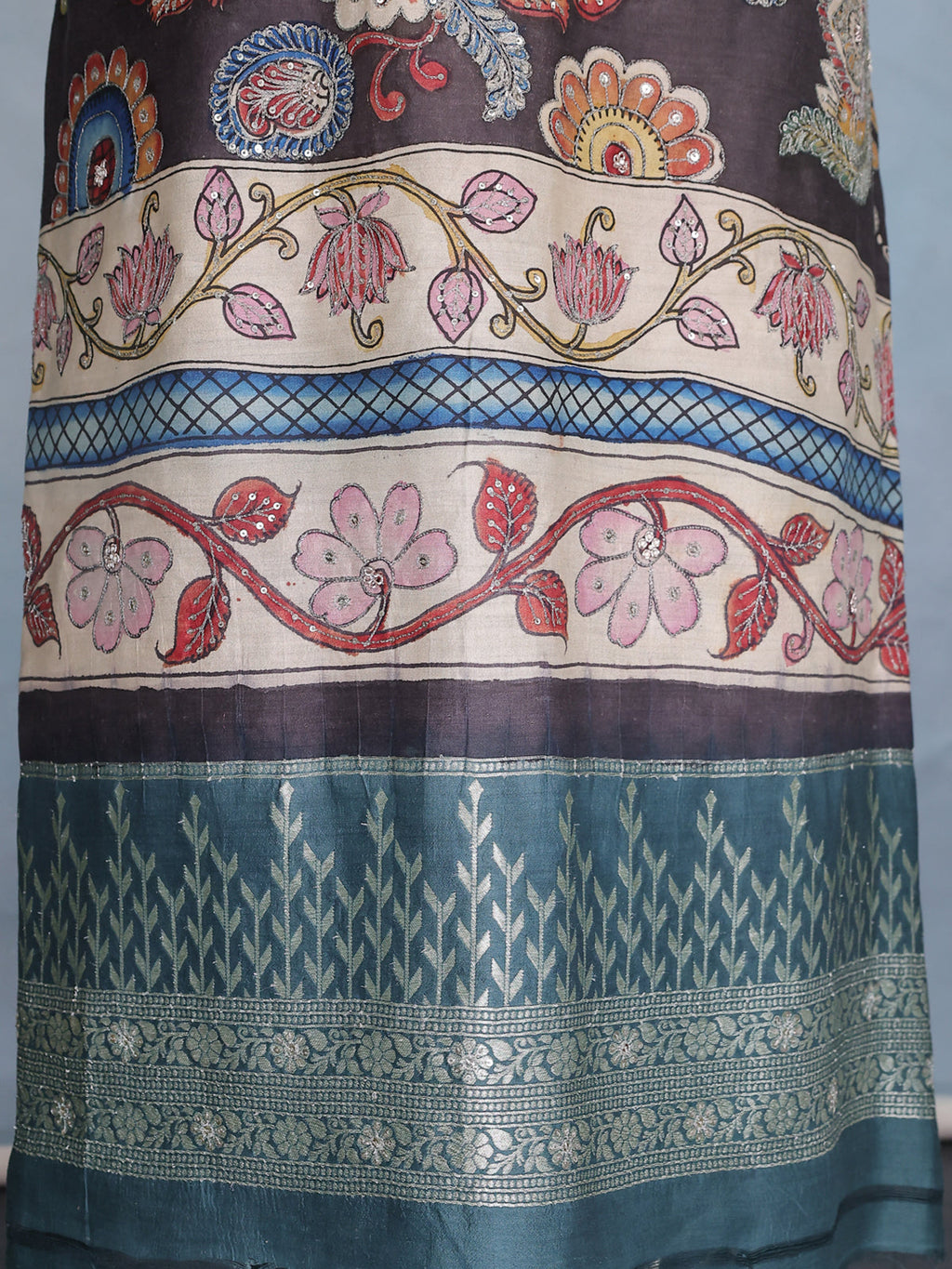 Dark Grey Pure Tussar Unstitched Suit with Kalamkari Print