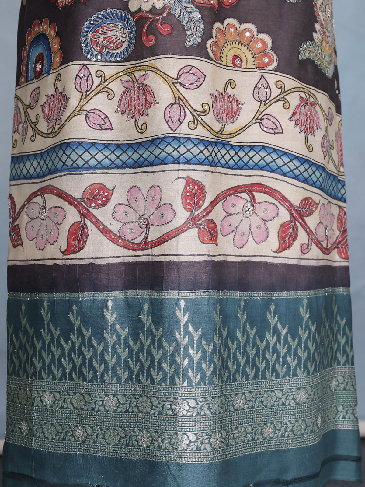 Dark Grey Pure Tussar Unstitched Suit with Kalamkari Print