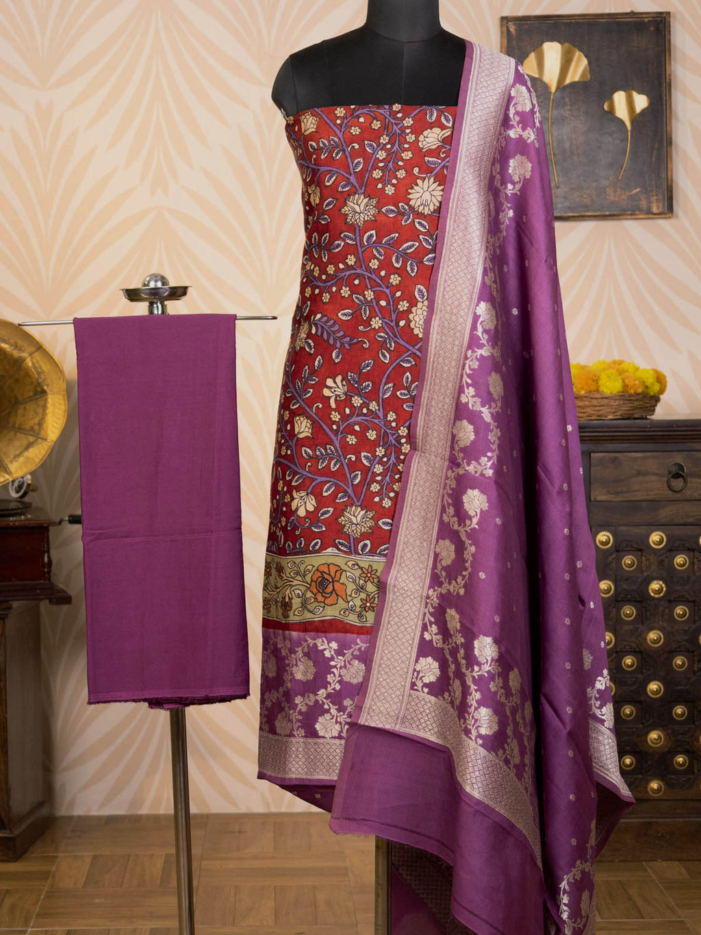 Red and Purple Pure Tussar Unstitched Suit