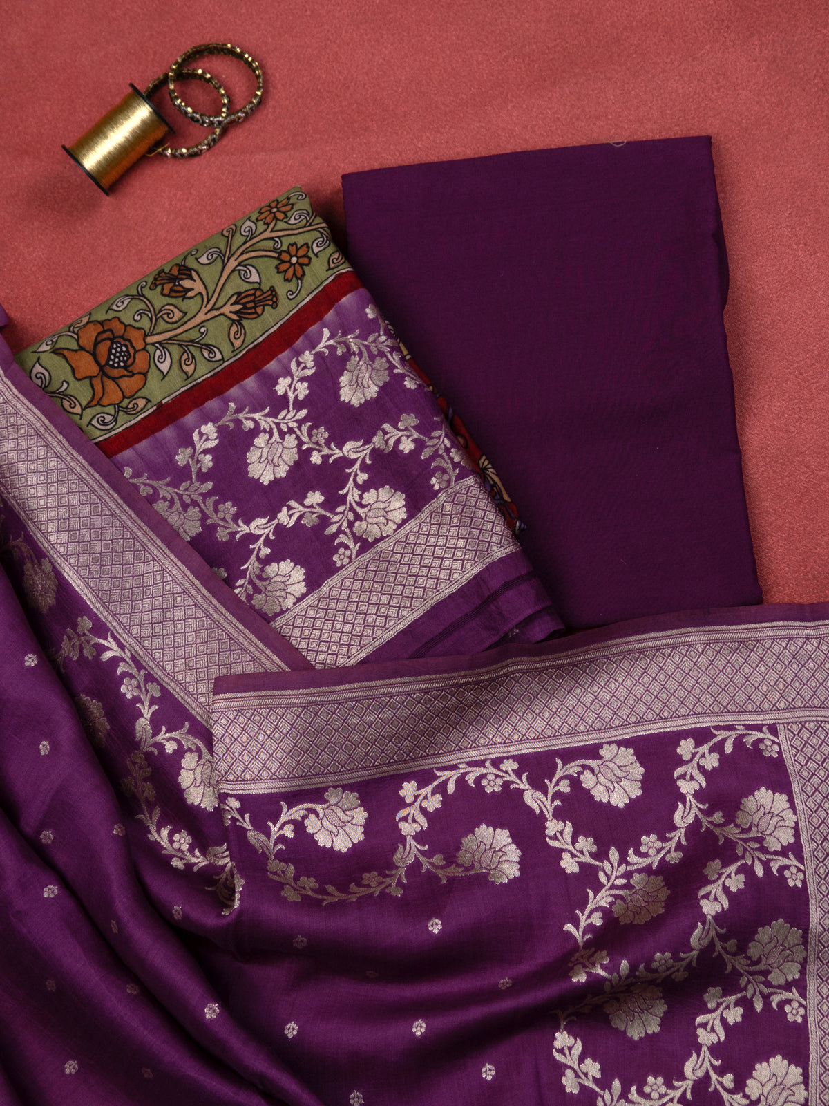 Red and Purple Pure Tussar Unstitched Suit