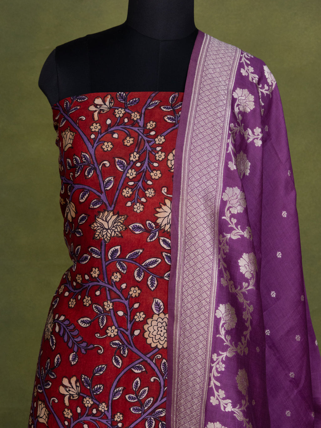 Red and Purple Pure Tussar Unstitched Suit