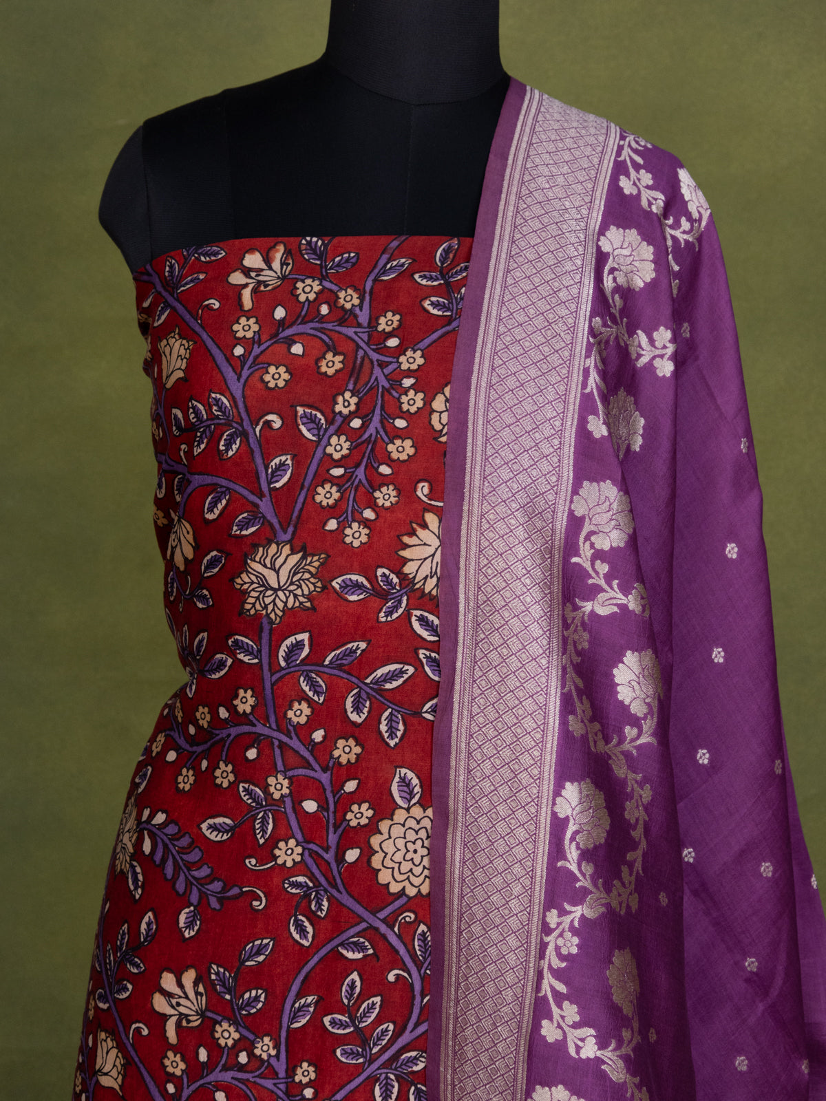 Red and Purple Pure Tussar Unstitched Suit