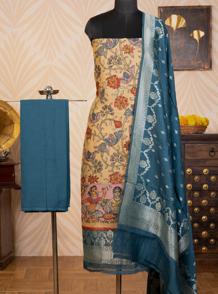 Sandal & Peacock Blue Pure Tussar Unstitched Suit