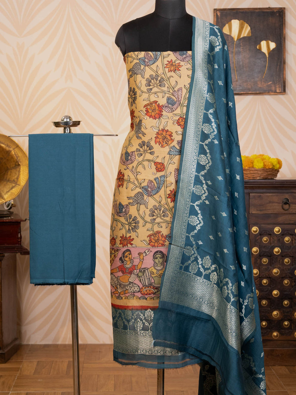 Sandal & Peacock Blue Pure Tussar Unstitched Suit