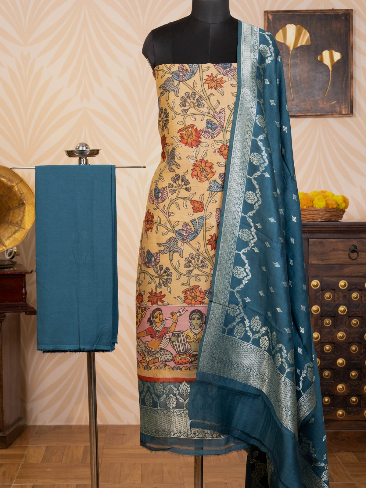 Sandal & Peacock Blue Pure Tussar Unstitched Suit