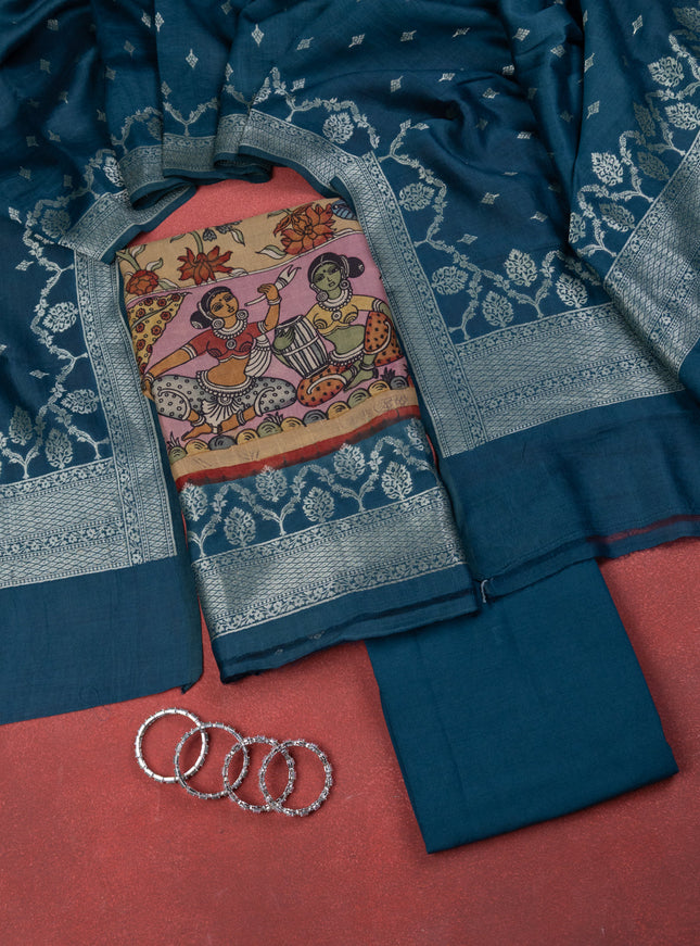 Sandal & Peacock Blue Pure Tussar Unstitched Suit
