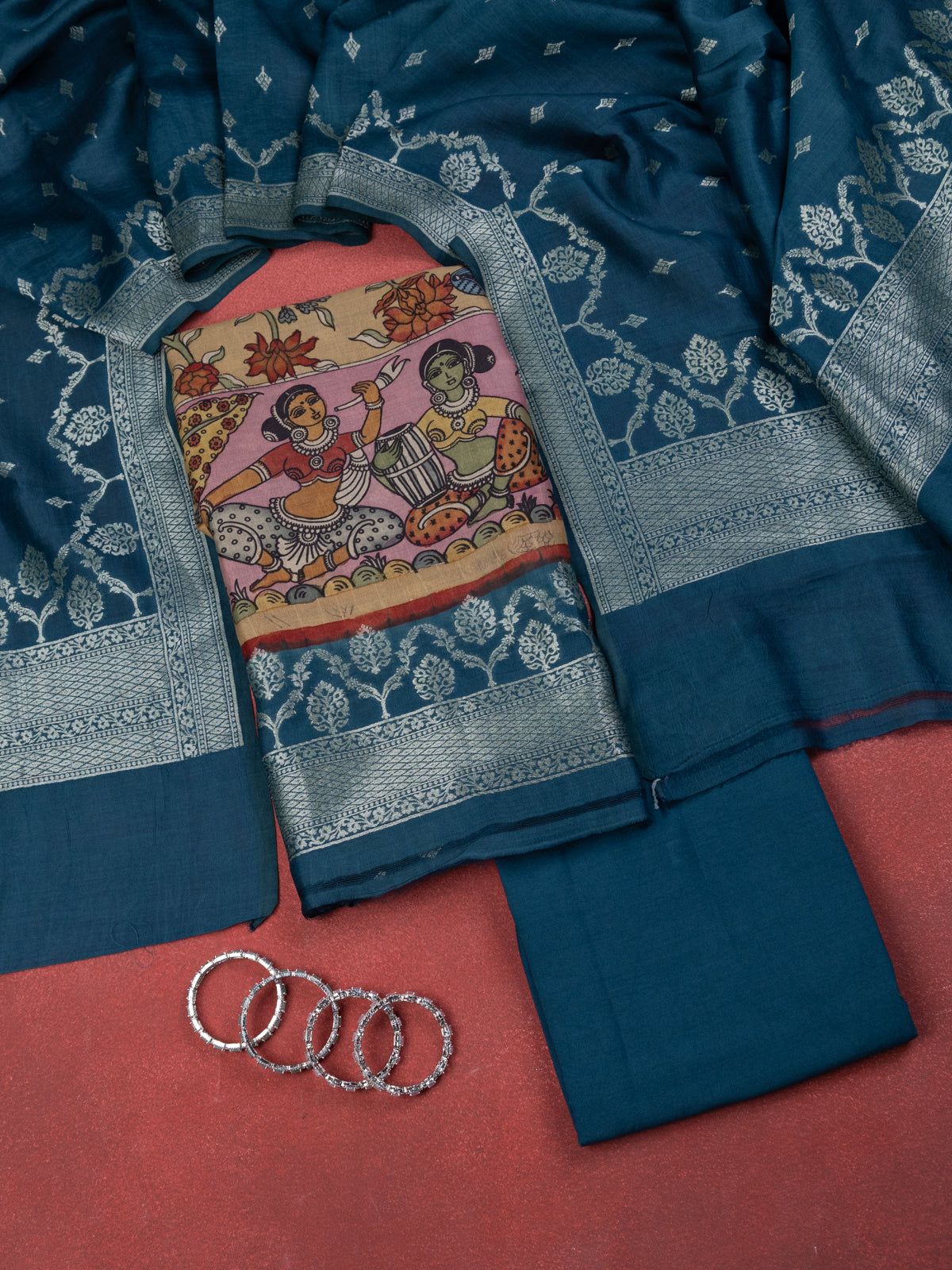 Sandal & Peacock Blue Pure Tussar Unstitched Suit