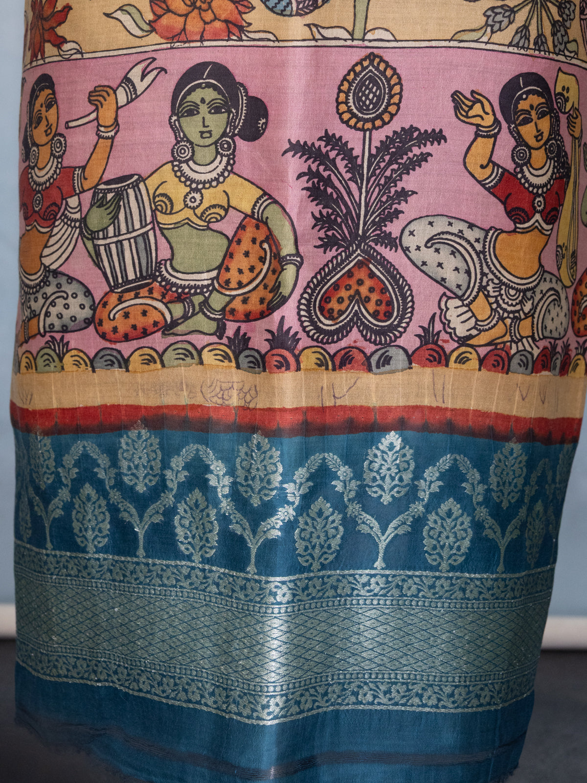 Sandal & Peacock Blue Pure Tussar Unstitched Suit