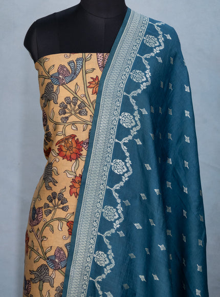 Sandal & Peacock Blue Pure Tussar Unstitched Suit