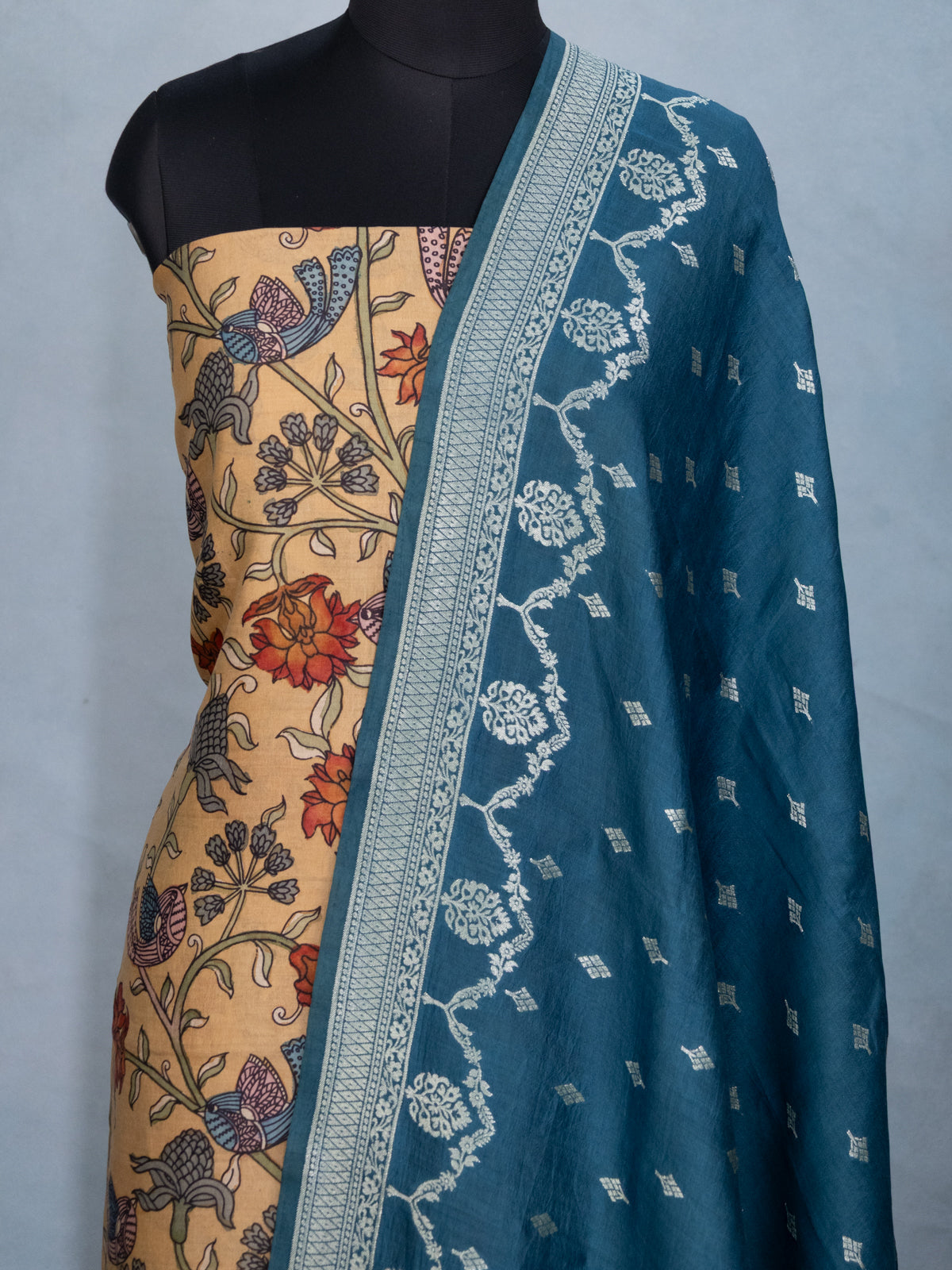 Sandal & Peacock Blue Pure Tussar Unstitched Suit
