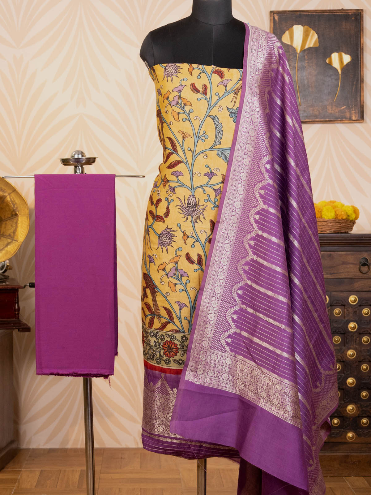 Yellow & Purple Pure Tussar Unstitched Suit with Kalamkari Print