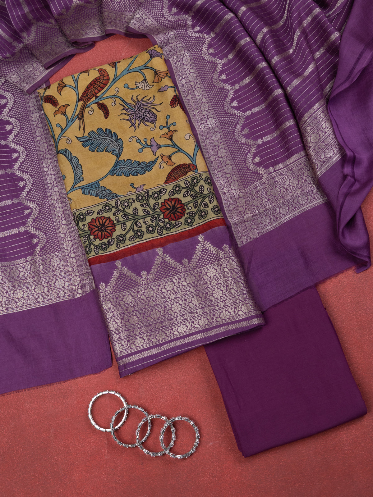 Yellow & Purple Pure Tussar Unstitched Suit with Kalamkari Print