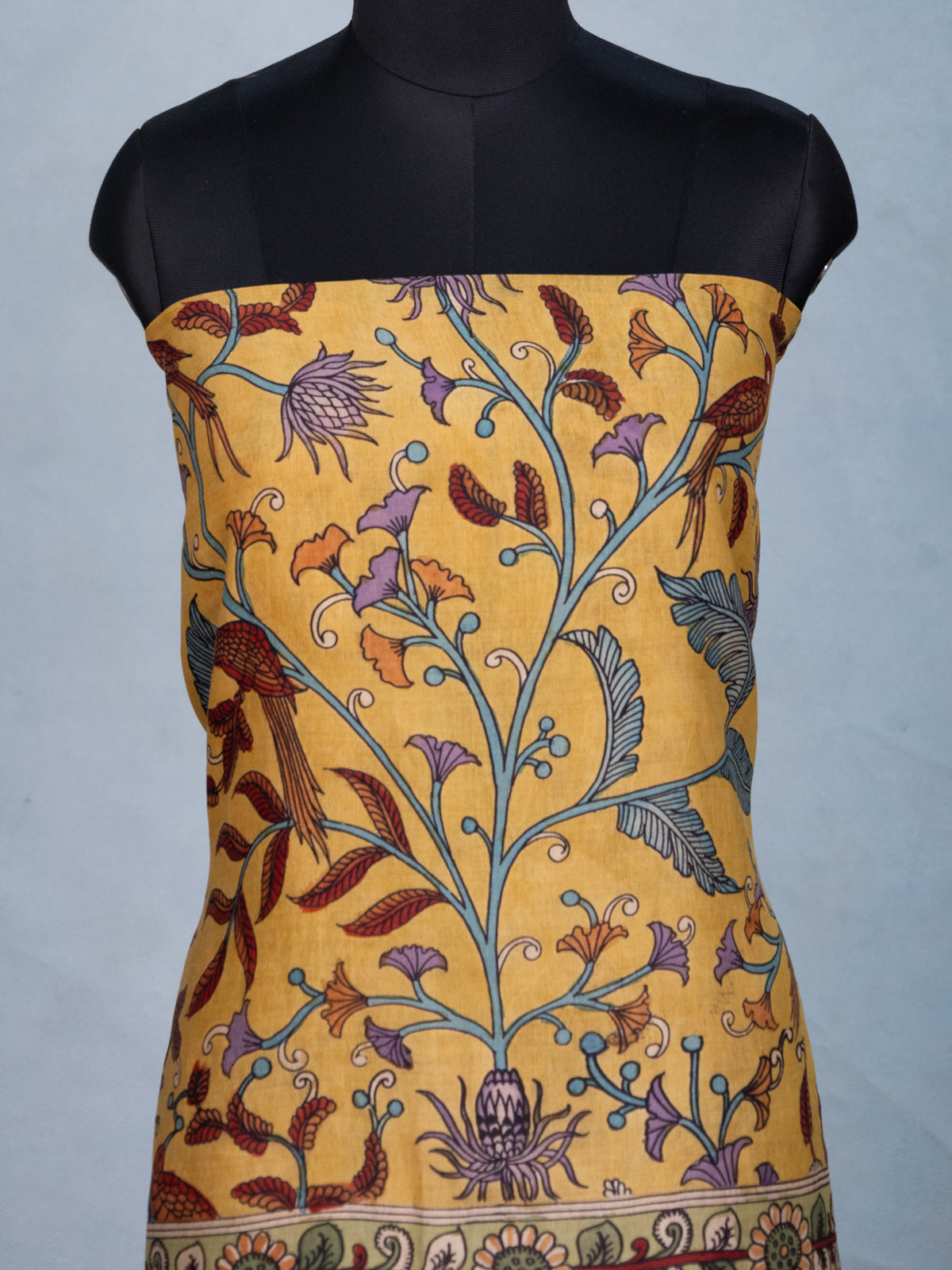 Yellow & Purple Pure Tussar Unstitched Suit with Kalamkari Print