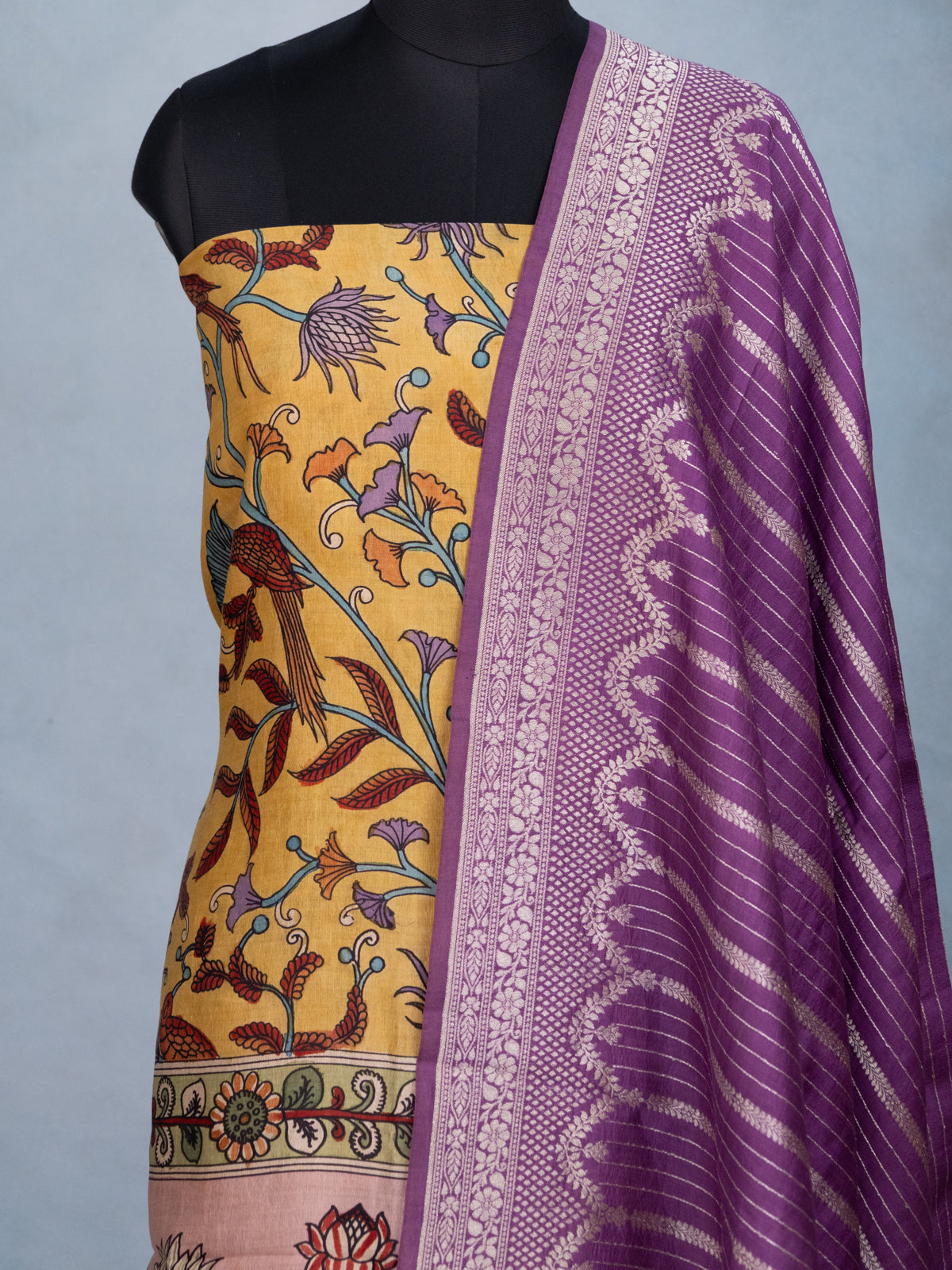 Yellow & Purple Pure Tussar Unstitched Suit with Kalamkari Print