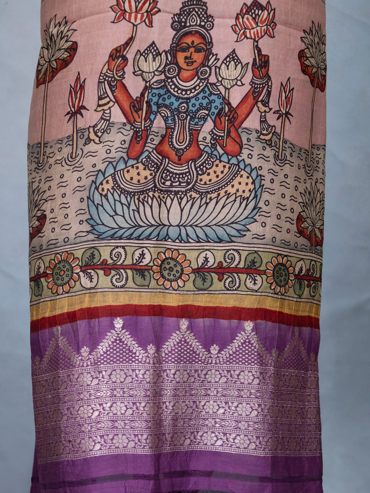 Yellow & Purple Pure Tussar Unstitched Suit with Kalamkari Print