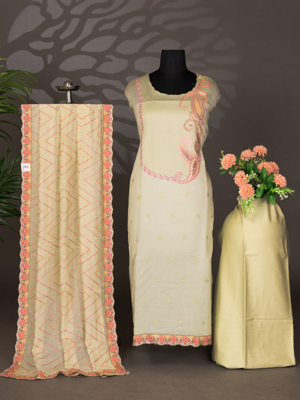 Pista Green Chanderi Semi-Stitched Suit