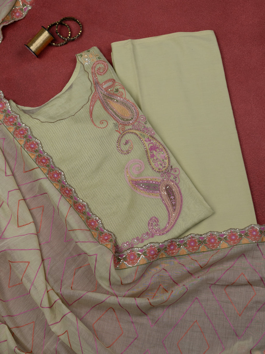 Pista Green Chanderi Semi-Stitched Suit