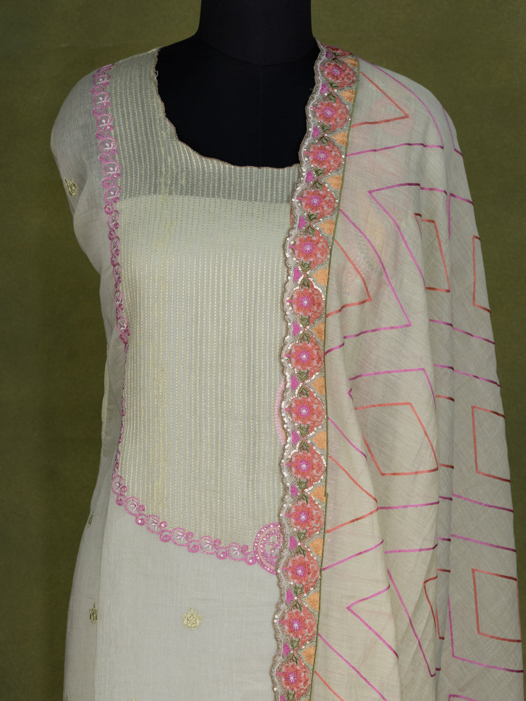 Pista Green Chanderi Semi-Stitched Suit