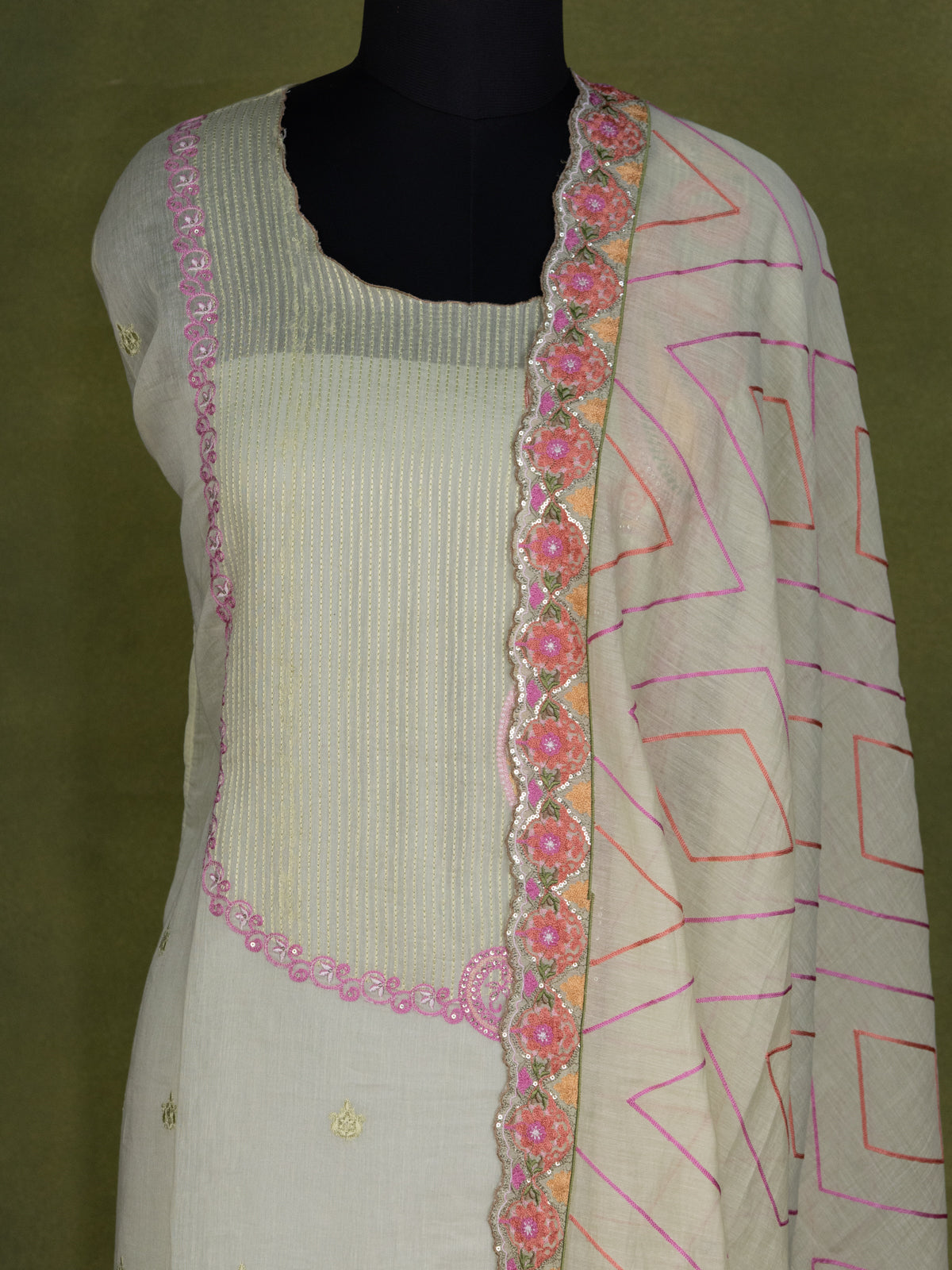 Pista Green Chanderi Semi-Stitched Suit