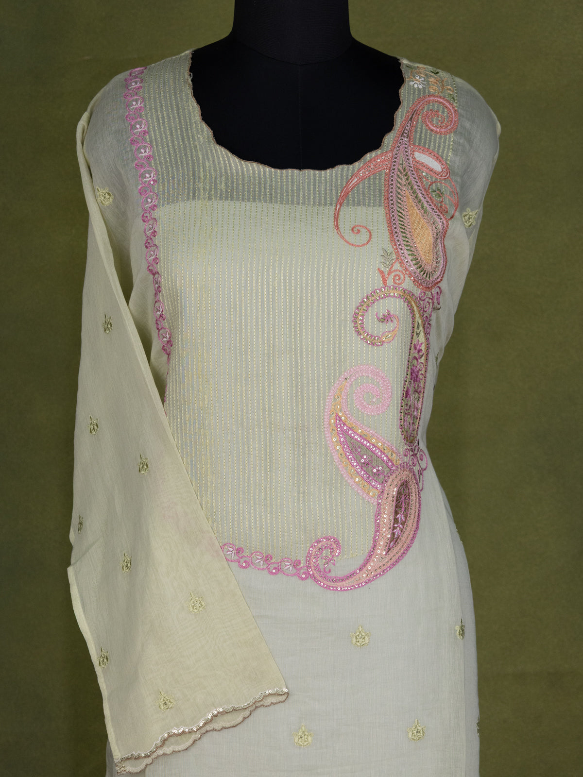 Pista Green Chanderi Semi-Stitched Suit