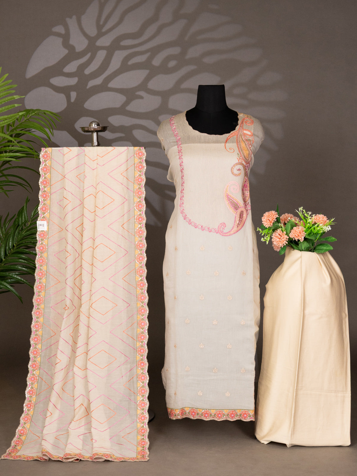 Cream Chanderi Semi-Stitched Suit With Embroidery