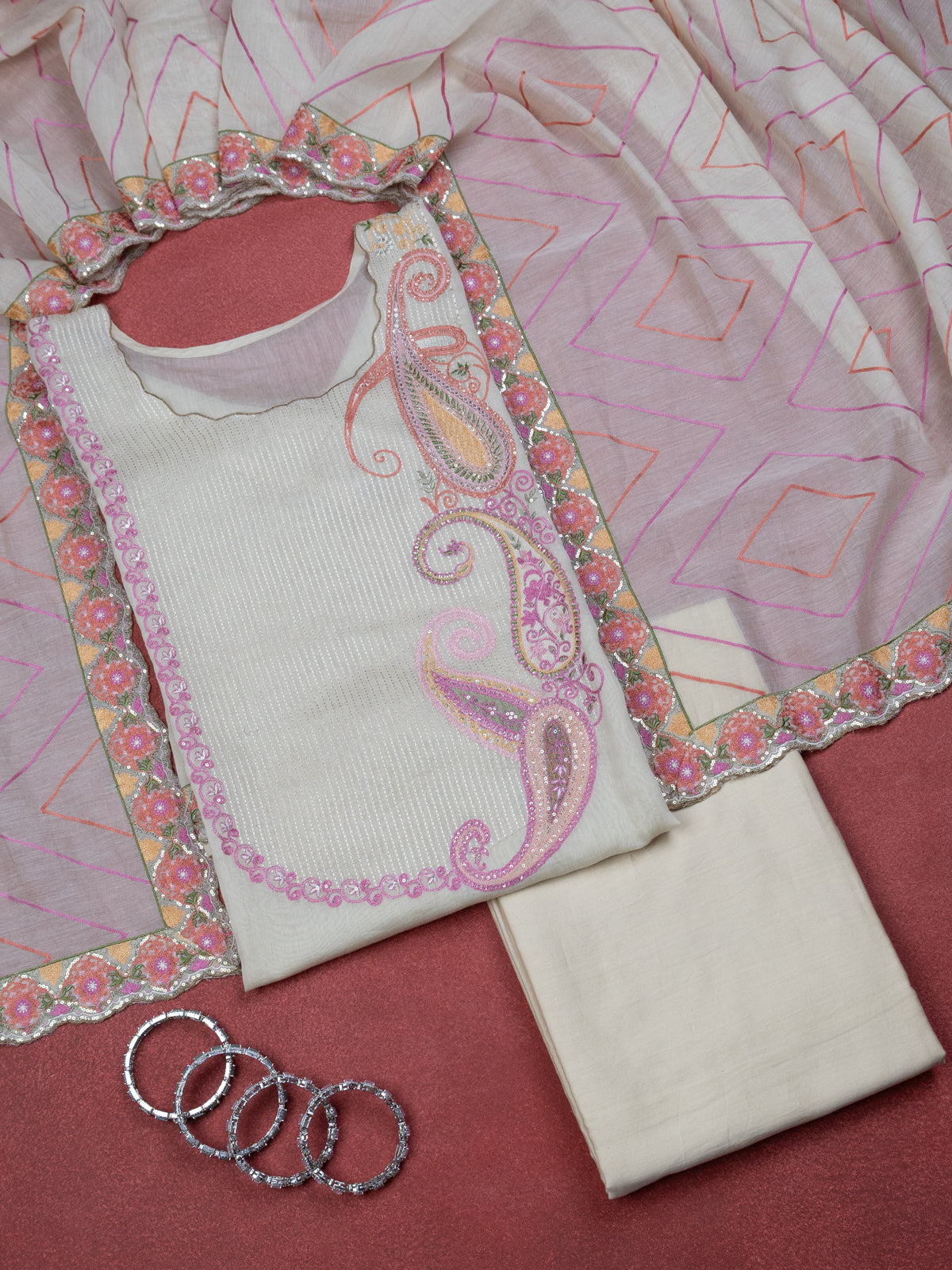 Cream Chanderi Semi-Stitched Suit With Embroidery