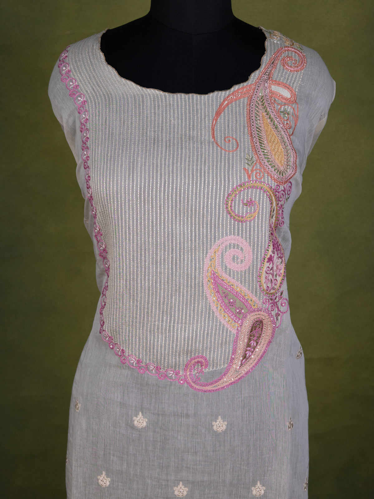Cream Chanderi Semi-Stitched Suit With Embroidery